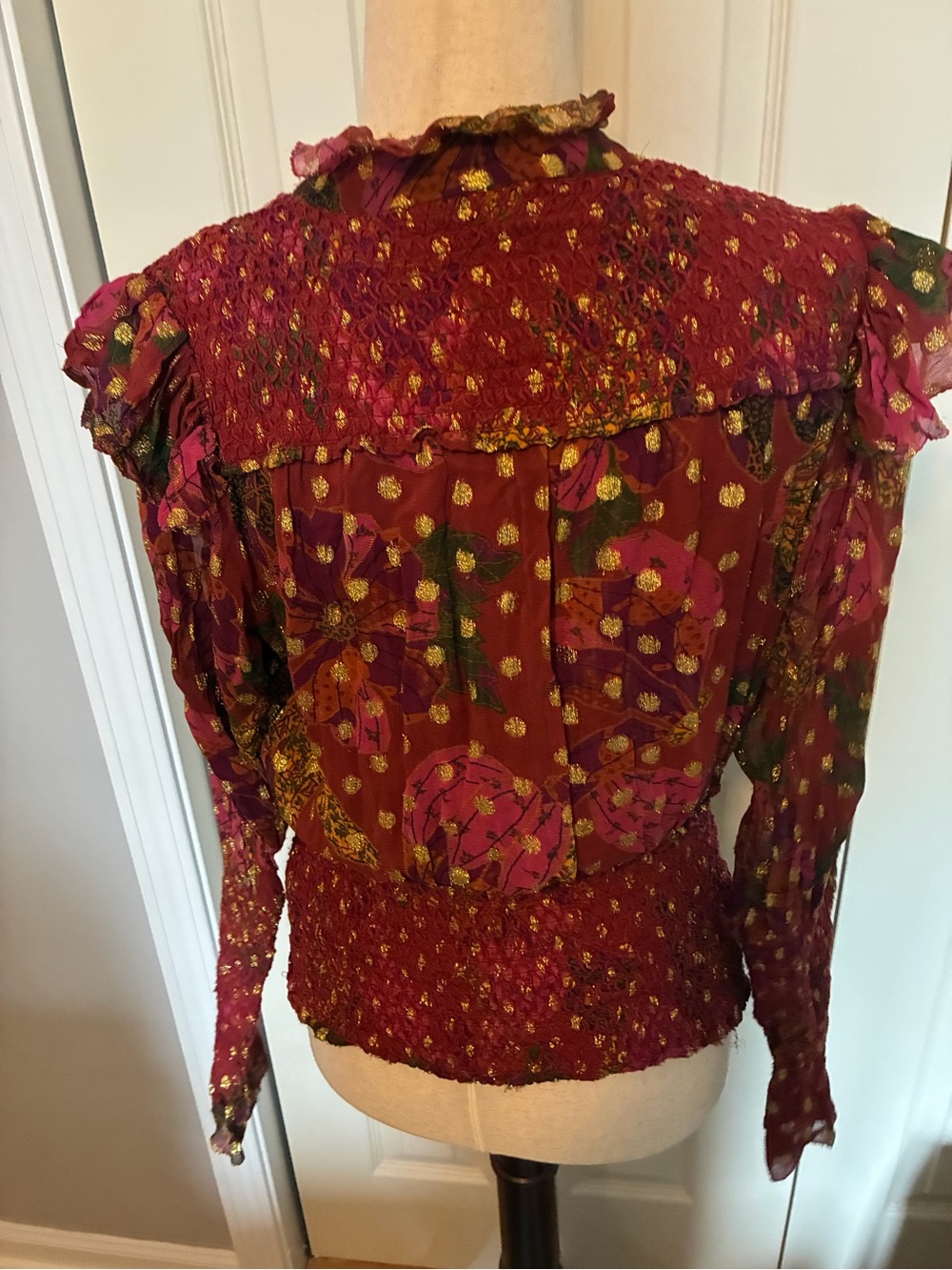 FARM Rio Burgundy Floral Smocked Ruffle Blouse - Picture 2 of 6